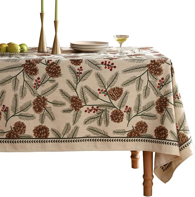 ISAENNE Designer Christmas Beige Linen Long Rectangle Tablecloth,Pinecones Pattern Indoor Table C... | Amazon (US)