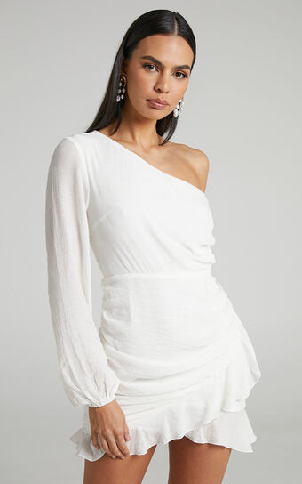 Paige One Shoulder Frill Hem Wrap Skirt Mini Dress in White | Showpo (US, UK & Europe)