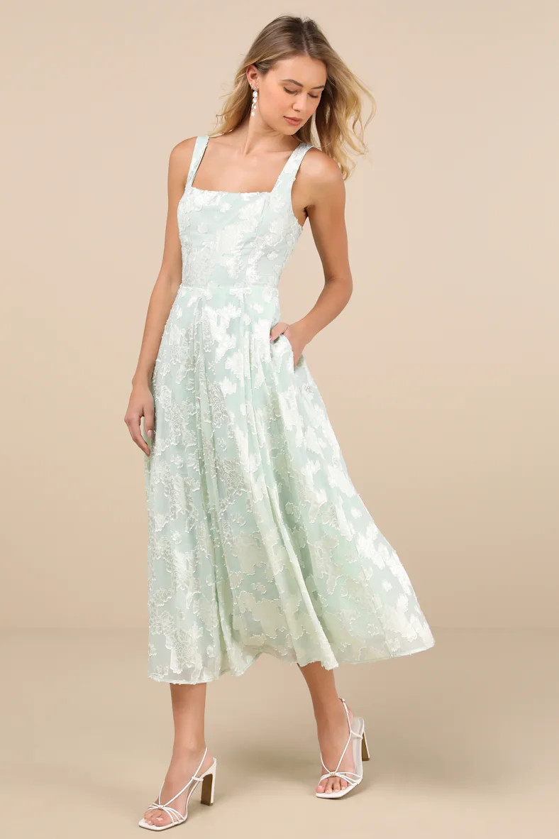 Loira Mint Burnout Jacquard Lace-Up Midi Dress | Lulus