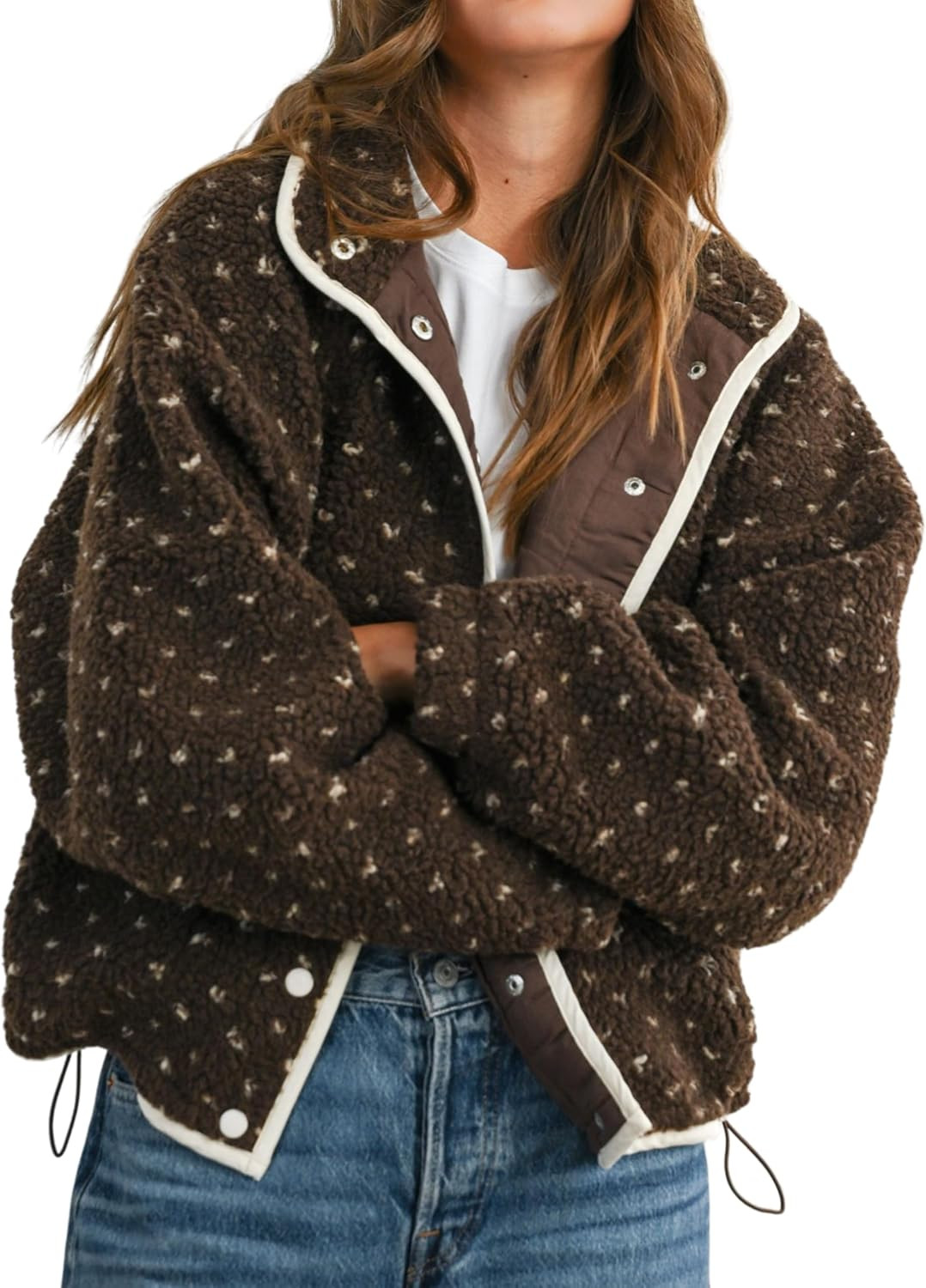 Women's Fleece Jacket Button Down Lapel Collar Sherpa Jackets Long Sleeve Contrast Quilted Outerwear | Amazon (US)