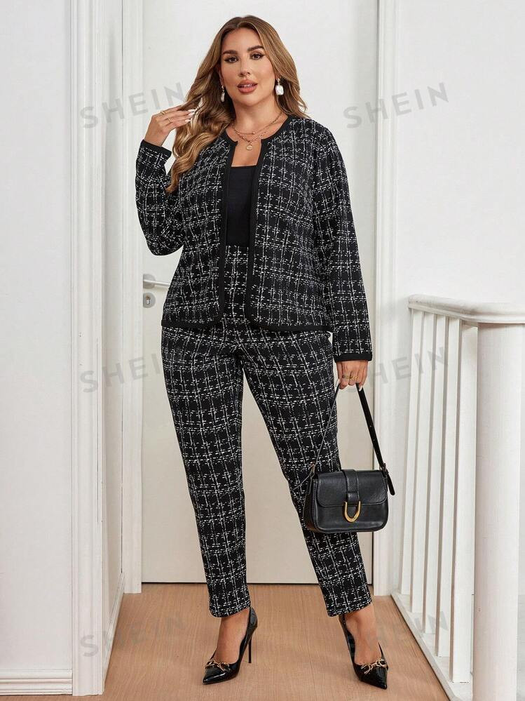 SHEIN Clasi 2pcs/Set Plus Size Plaid Print Long Sleeve Top And Pants Casual Wear Suit | SHEIN
