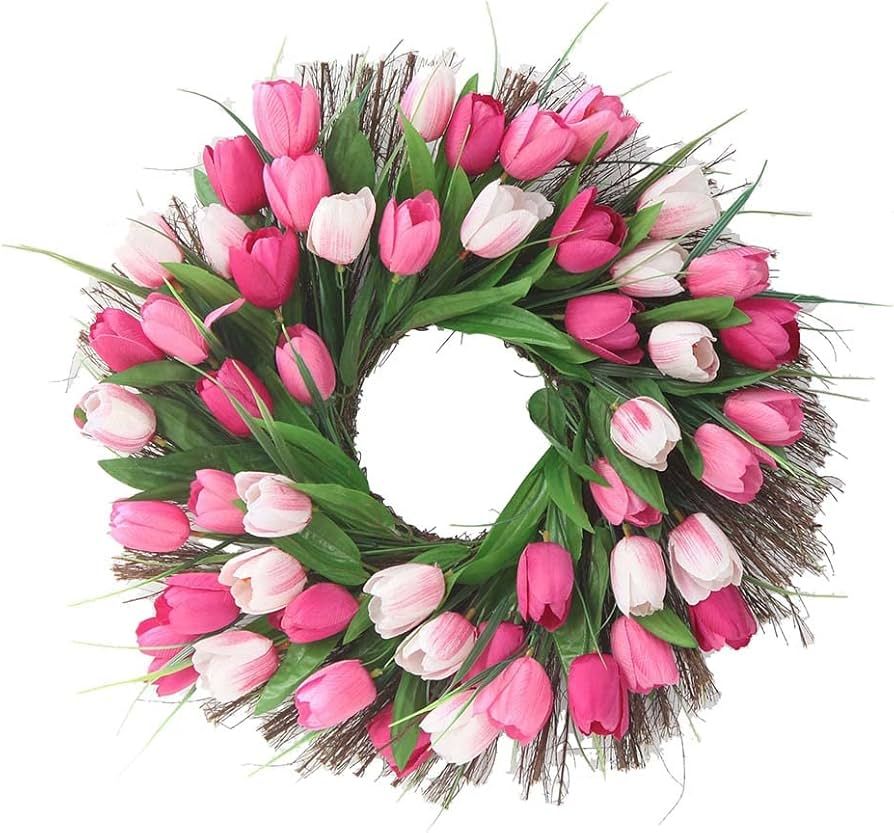 Tulip Flower Wreath for Front Door 18 inch Artificial Handmade Spring Summer Faux Flower for Home... | Amazon (US)