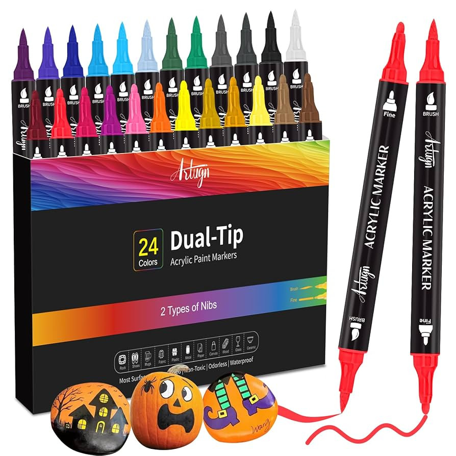 24 Colors Acrylic Paint Pens, Dual Tip Pens With Fine Tip and Brush Tip for Rock Painting, Cerami... | Amazon (US)