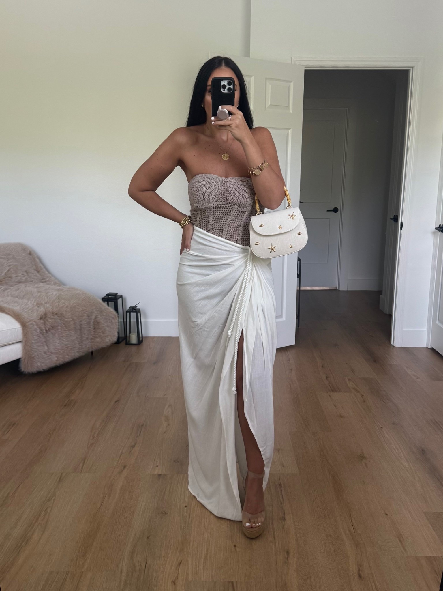 Want It All Open Stitch Strapless Bustier Top. Noelia Slit Cotton & Linen Maxi Skirt
