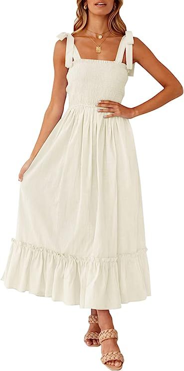 ZESICA Women's Summer Boho Spaghetti Strap Square Neck Solid Color Ruffle A Line Beach Long Maxi ... | Amazon (US)