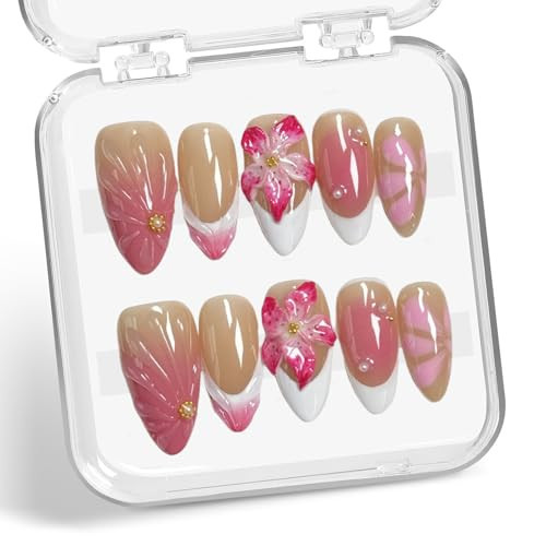 White French Tip Press on Nails Flower Fake Nails with 3D Water Rpple Luxury Pearl Designs Handmade Press on Nails Pink Gradient False Nail Full Cover Thick Acrylic Nail for Women Nail Art (Size S) | Amazon (US)