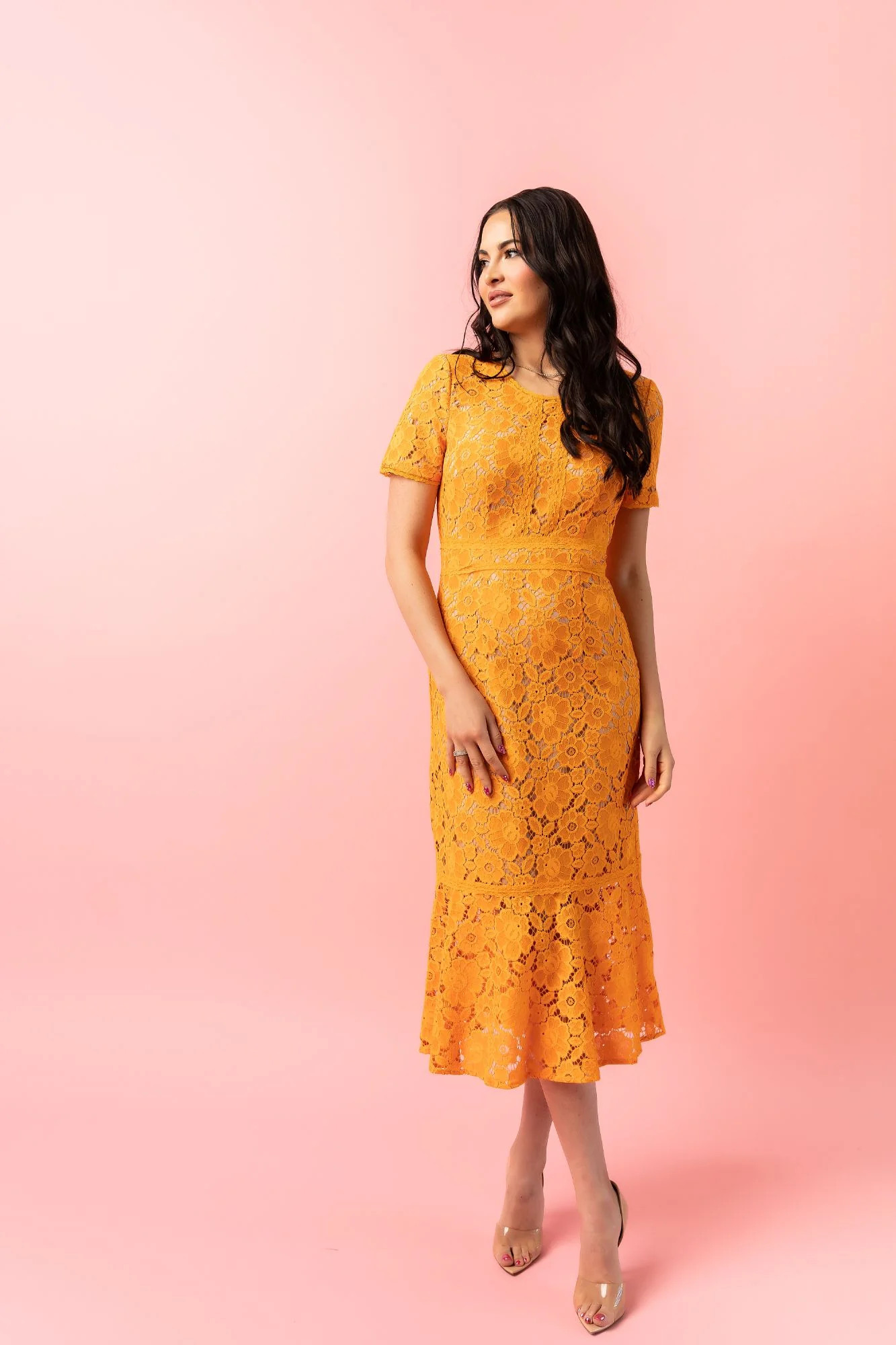 Fitted Lace Midi Dress - Tangerine | Rachel Parcell
