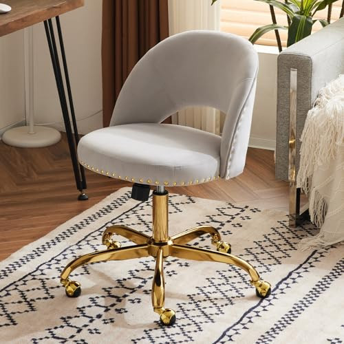 VINGLI Stylish Vanity Chair with Back, Girl Desk Chair with Silent Wheels and Velvet, Grey | Amazon (US)