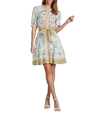 A Loves A Floral Crew Neck Short Bubble Sleeve A-Line Flounce Mini Dress - M | Dillard's