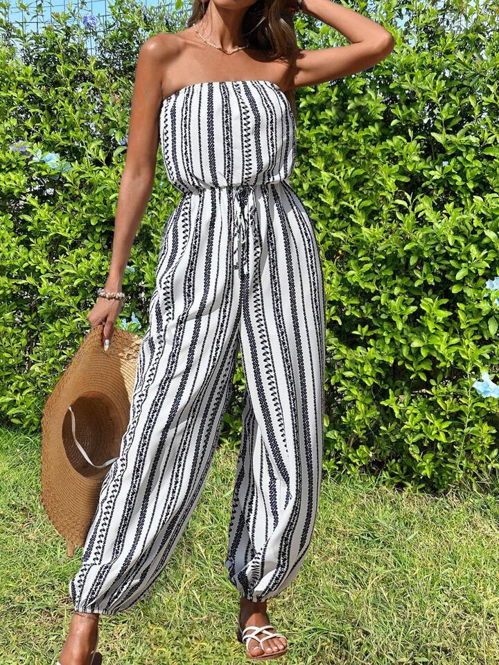 SHEIN VCAY Vacation Style Women's Tube Top Striped Jumpsuit | SHEIN