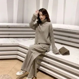 Set : Plain High-Neck Sweater + Wide-Leg Pants | YesStyle Global