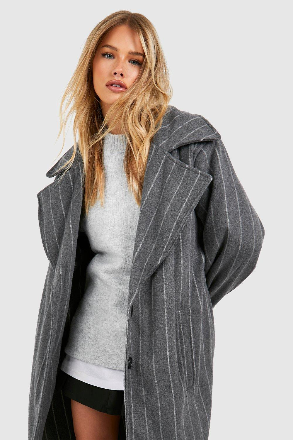 Oversized Pinstripe Shoulder Pad Midi Wool Look Coat | boohoo (US & Canada)