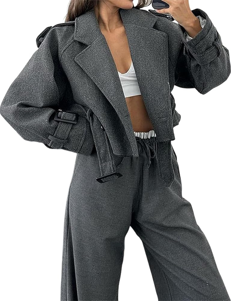 Bianstore Women's Casual Lapel Double Breasted Trench Jacket Cropped Wool Blend Pea Coat Outwear wit | Amazon (US)