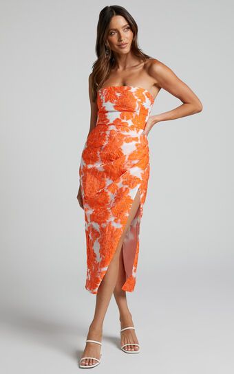 Brailey Midi Dress - Thigh Split Strapless Dress in Orange & White Jacquard | Showpo (US, UK & Europe)