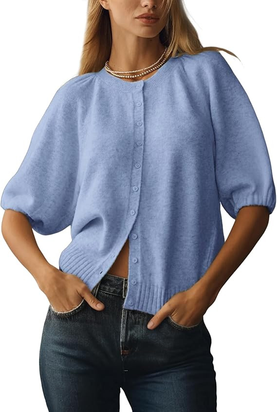 Women's Casual Short Puff Sleeves Crewneck Cardigan Button Down Knit Sweater Open Front Jumper | Amazon (US)
