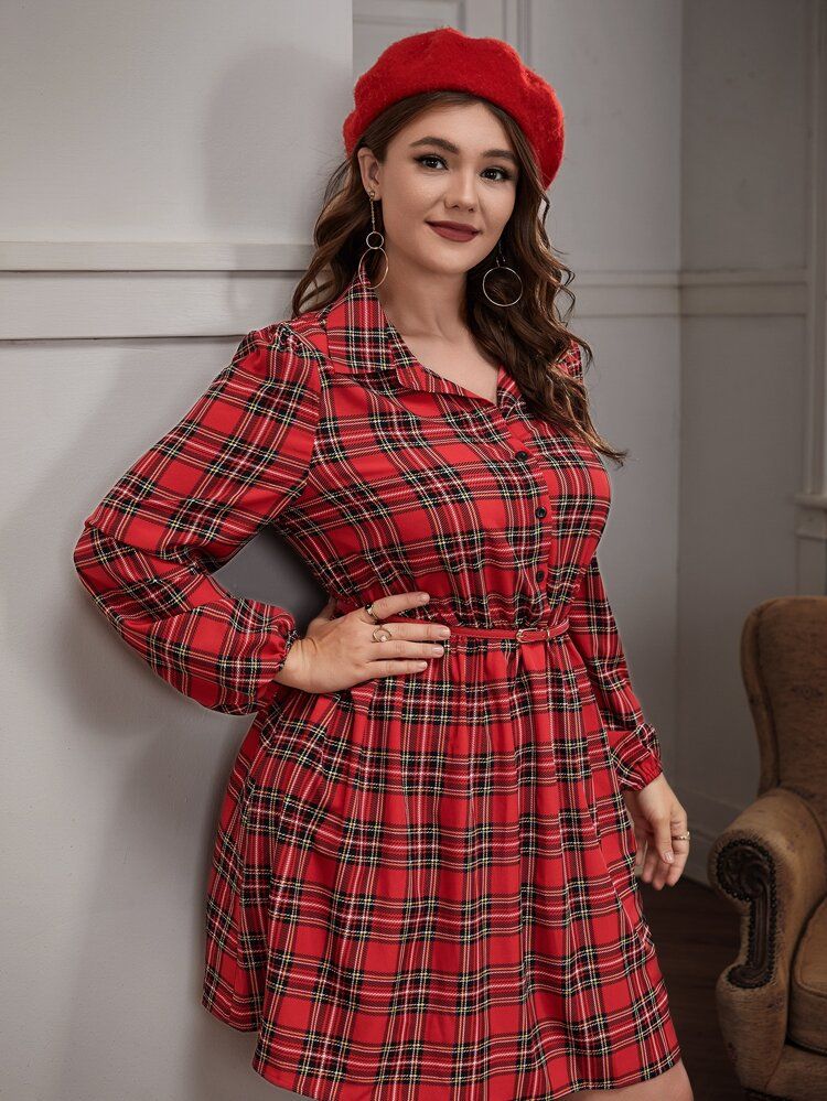 Plus Tartan Half Button Shirt Dress Without Belt | SHEIN