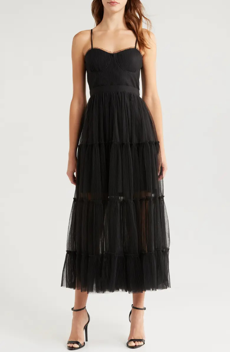 MOON RIVER Plissé Tiered Tulle Midi Dress | Nordstrom | Nordstrom