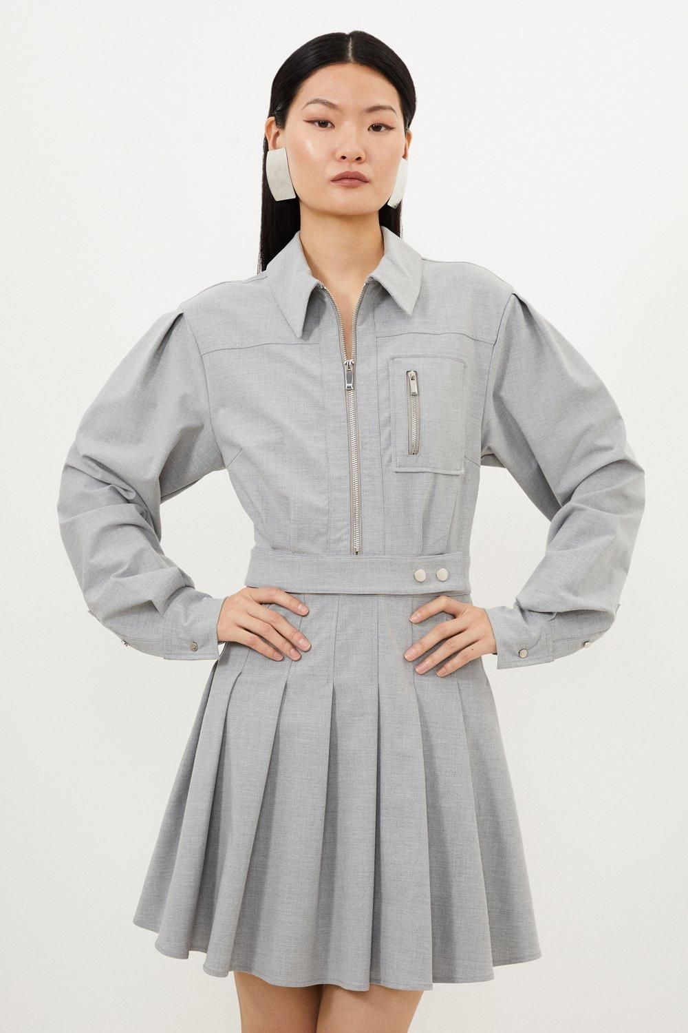 Tall Grey Marl Wool Mix Shirt Mini Dress | Karen Millen US