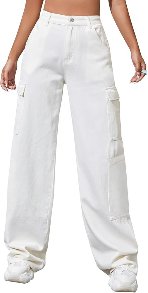LONGBIDA Jeans cargo de cintura alta Y2K para mujer, rectos, pierna ancha, holgados, pantalones c... | Amazon (US)