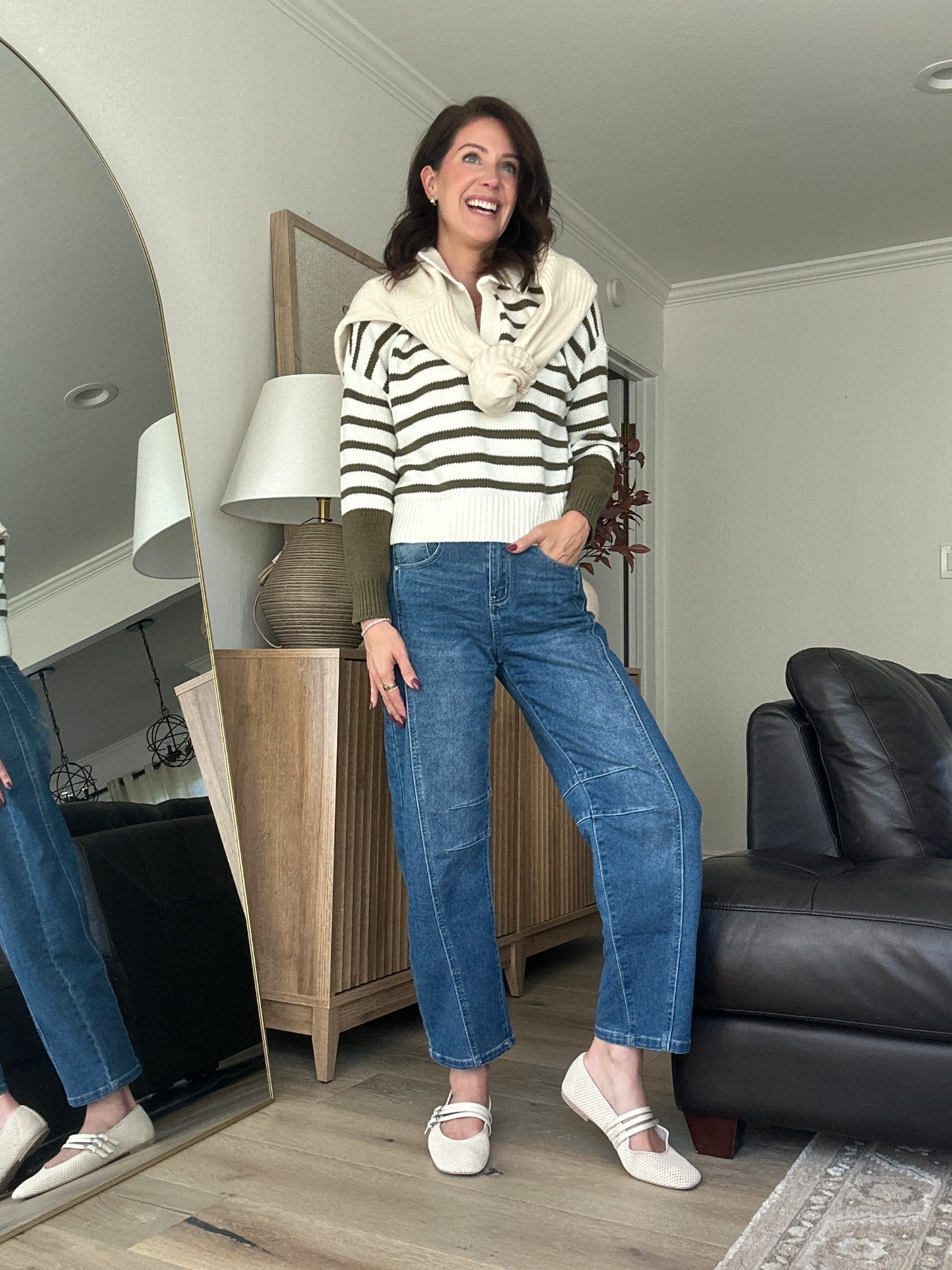 Everything is true to size. It’s the perfect fall outfit in my opinion. Yes, you can throw a sweater over a sweater for warmth. Mesh flats are a perfect transition shoe into fall and I love these neutral colored ones. I believe they also come in Carmel and brown  

#LTKShoeCrush #LTKFindsUnder50 #LTKStyleTip