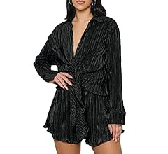 OPOIPIN Women's 2 Pieces Outfits Pleated Deep V Neck Tie Front Long Sleeve Blouse with Shorts | Amazon (US)