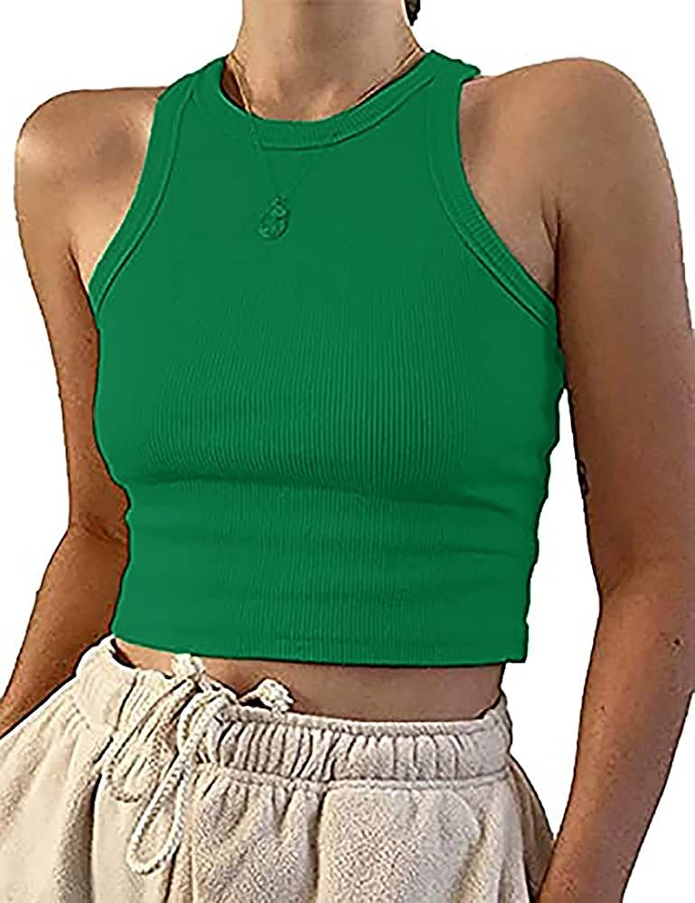 Meladyan Women's Round Neck Basic Racerback Camisole Rib-Knit Solid Sleeveless Crop Tank Tops | Amazon (US)