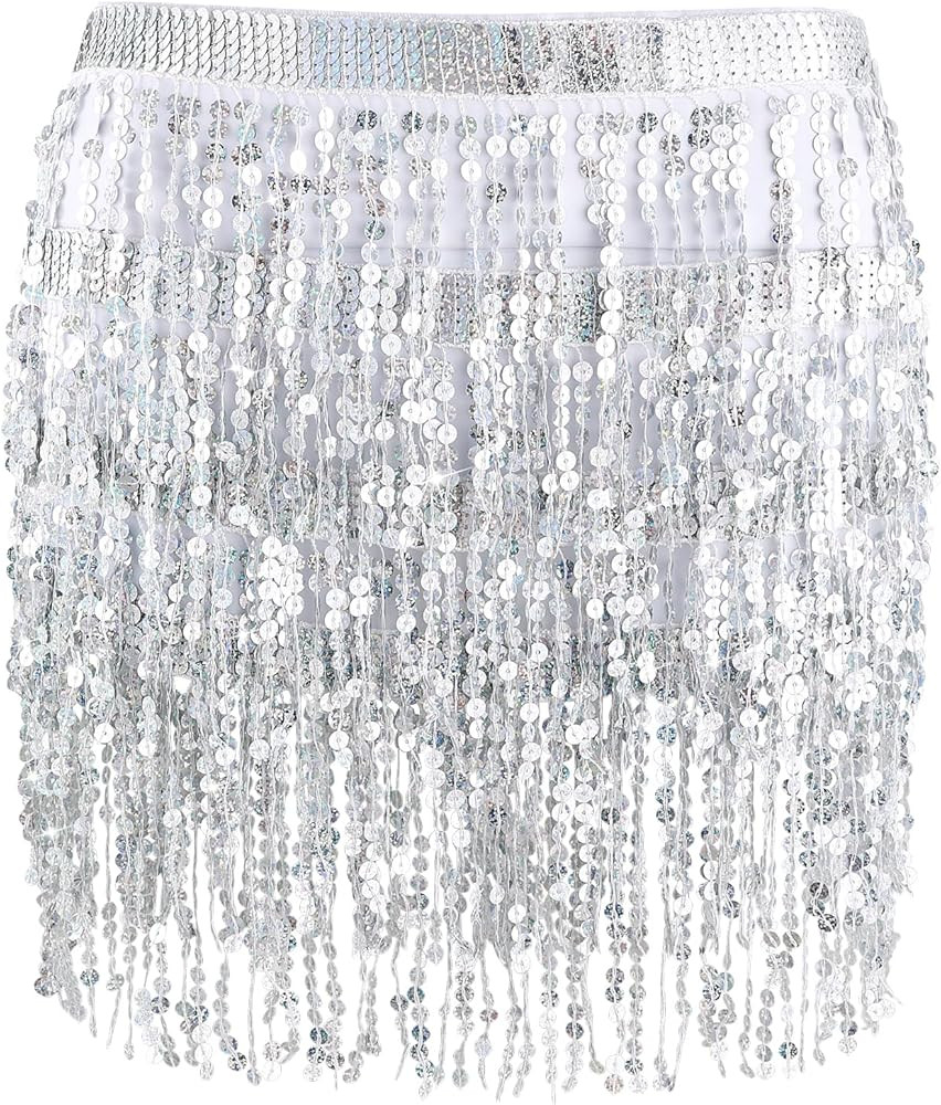 Yolev Sequin Tassel Skirt Belly Dance Performance Skirt Sequin Fringe Rave Skirt Party Sparkle Sk... | Amazon (UK)