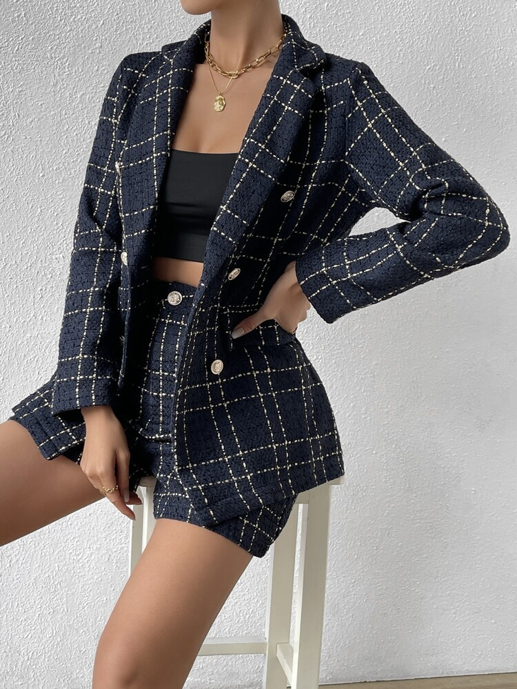 SHEIN Unity Double Breasted Plaid Tweed Blazer & Shorts | SHEIN