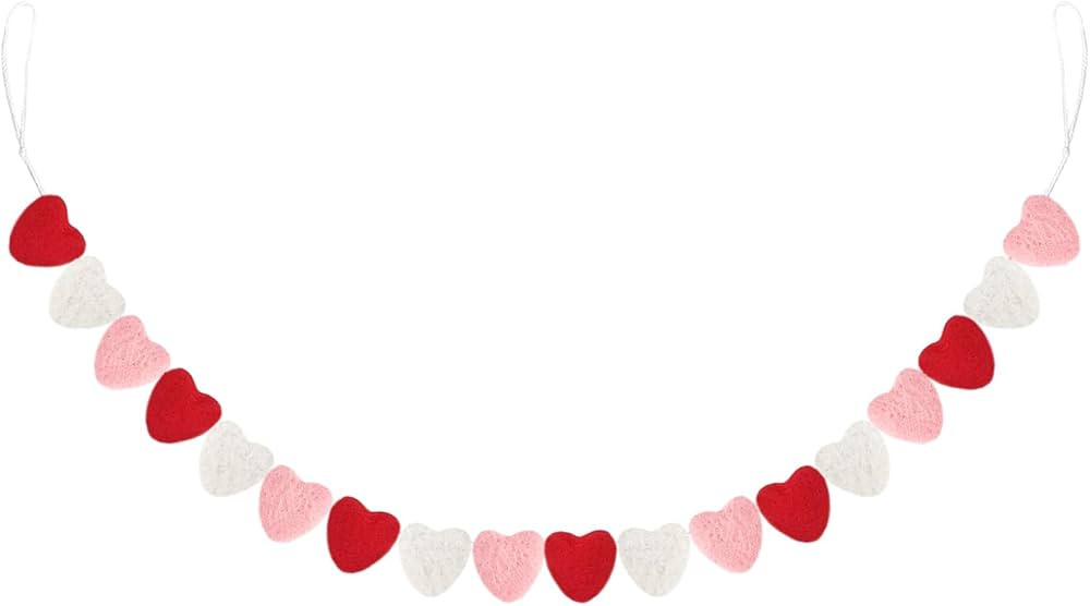 Valentine's Day Felt Heart Garland Banner 5.25 Feet Long String of Hearts Garland 18 Handmade Hea... | Amazon (US)