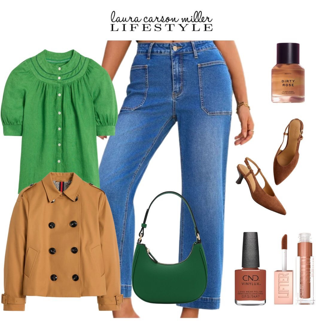 Great jeans at a great price plus green accents to anticipate springs full arrival! No one expects brown beauty tones for spring but you set the trends with Terra cotta nails and bronze lips. This fragrance will have everyone asking you your secret for such a compelling signature scent.
Spring beauty, green, jeans, Terra cotta, bronze, Laura carson miller, work outfit, spring break, date night outfit, cropped trench, outfit ideas, style tips

#LTKFindsUnder50 #LTKFindsUnder100 #LTKBeauty