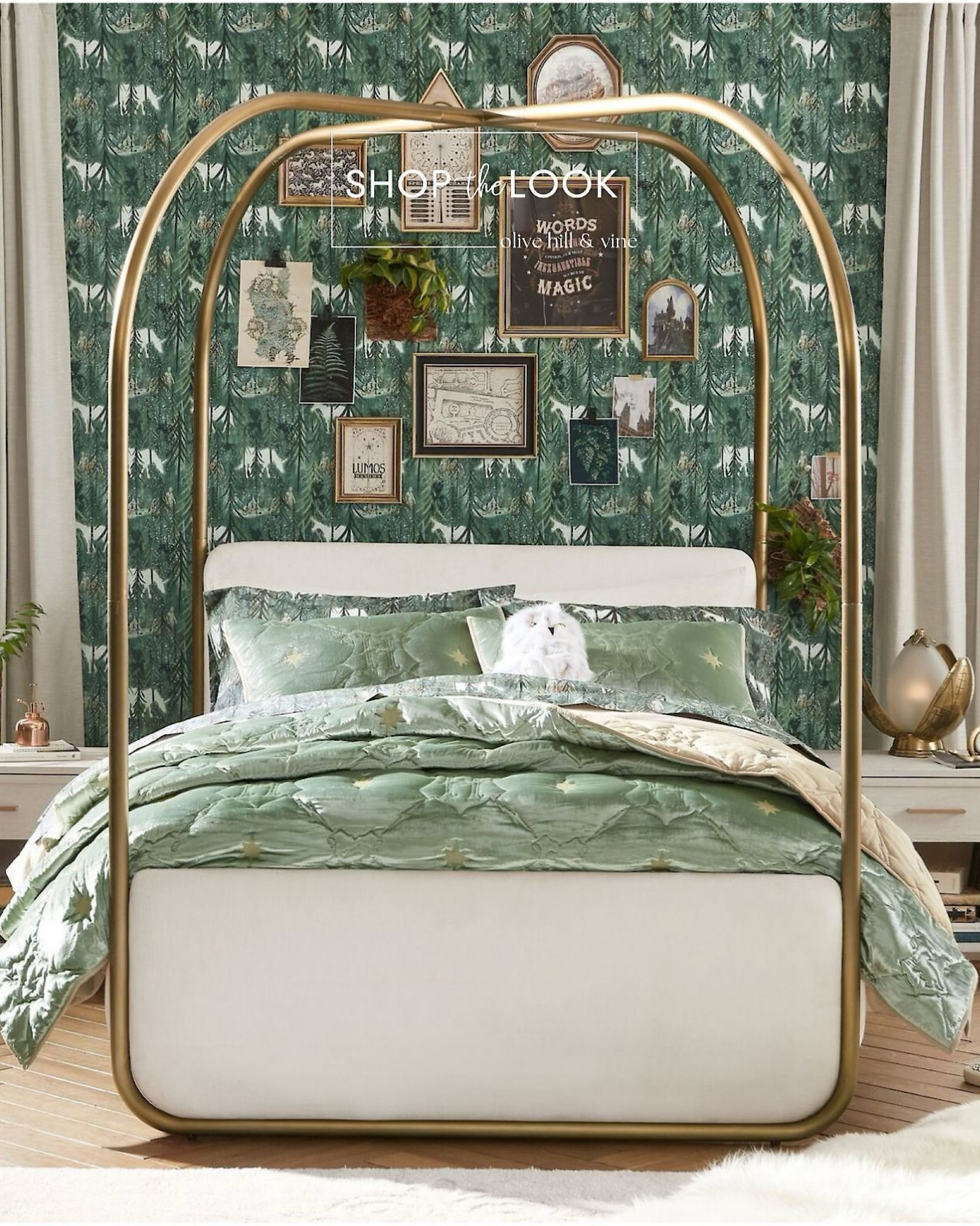Step into a magical retreat with this Harry Potter-themed teen bedroom. The metal upholstered canopy bed pairs perfectly with a sage green velvet quilt adorned with golden stars. Complete the space with enchanting wallpaper, a golden egg lamp, and Hedwig pillow. A true wizarding world escape awaits! 

#LTKFamily #LTKKids #LTKHome