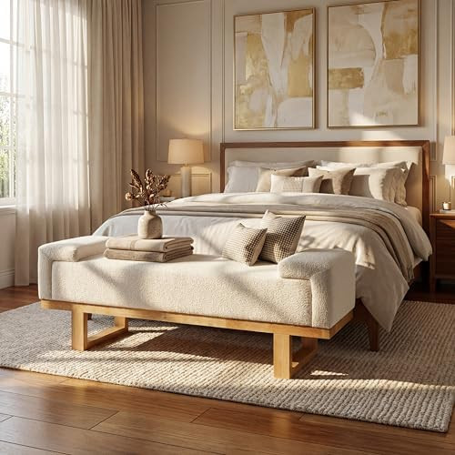 Merax Boucle Ottoman Bench, with Elevated Headrest Edges, Solid Rubber Wood Legs, Fully Padded Sp... | Amazon (US)