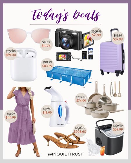 Check out today's deals which include a flowy purple midi dress, travel luggage, digital vlogging camera, rectangular frame pool, cookingware set, and more!
#onsalenow #travelessential #homeappliances #springfashion

#LTKTravel #LTKSeasonal #LTKSaleAlert