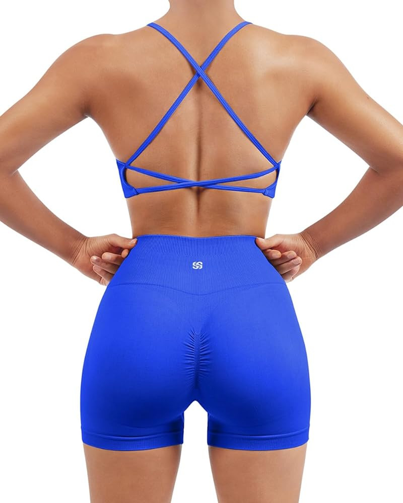 SUUKSESS Women Seamless Workout Sets Strappy Sports Bra High Waist Booty Shorts Outfits | Amazon (US)