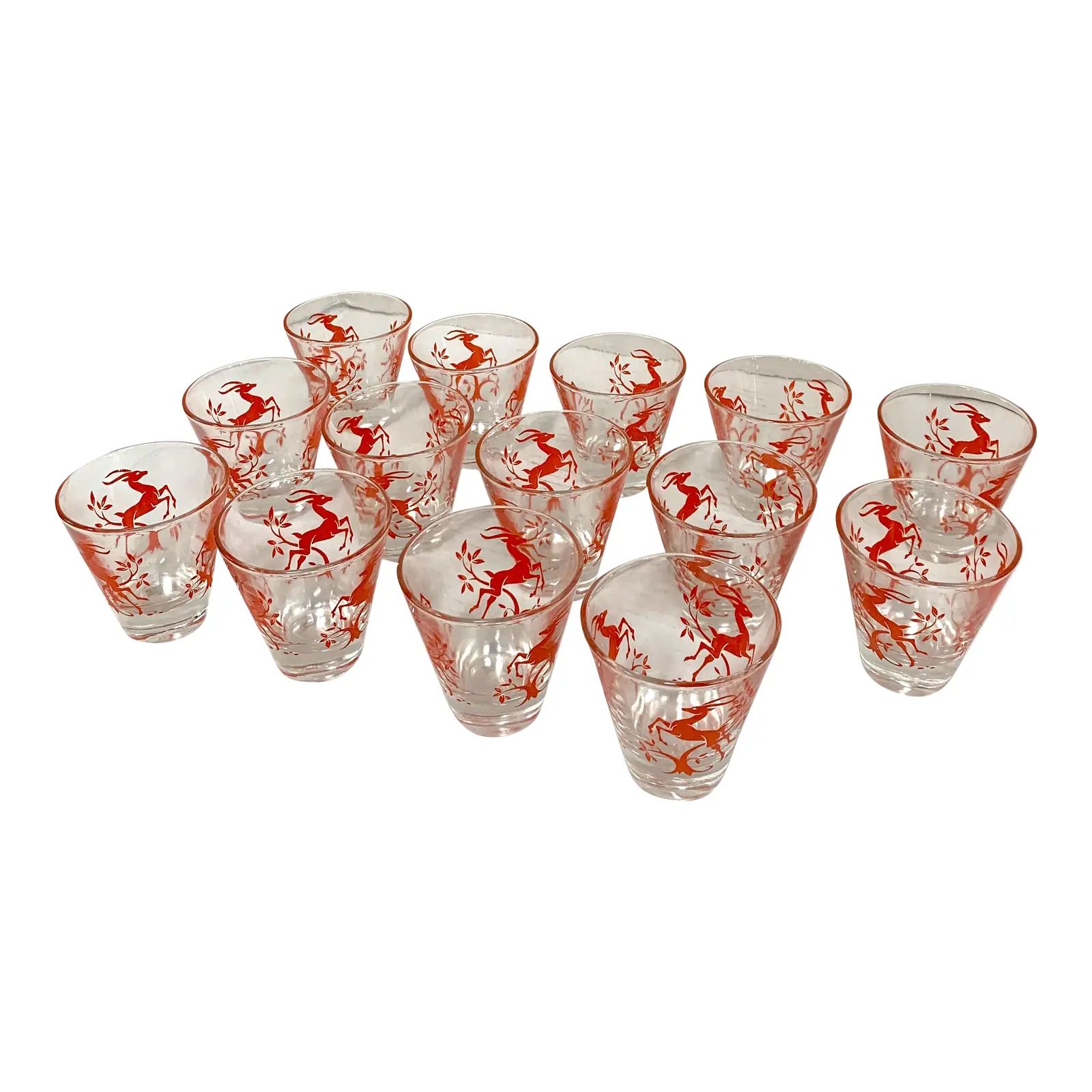 1950s Art Deco Motif Double Shot Glasses - Set of 14 | Chairish