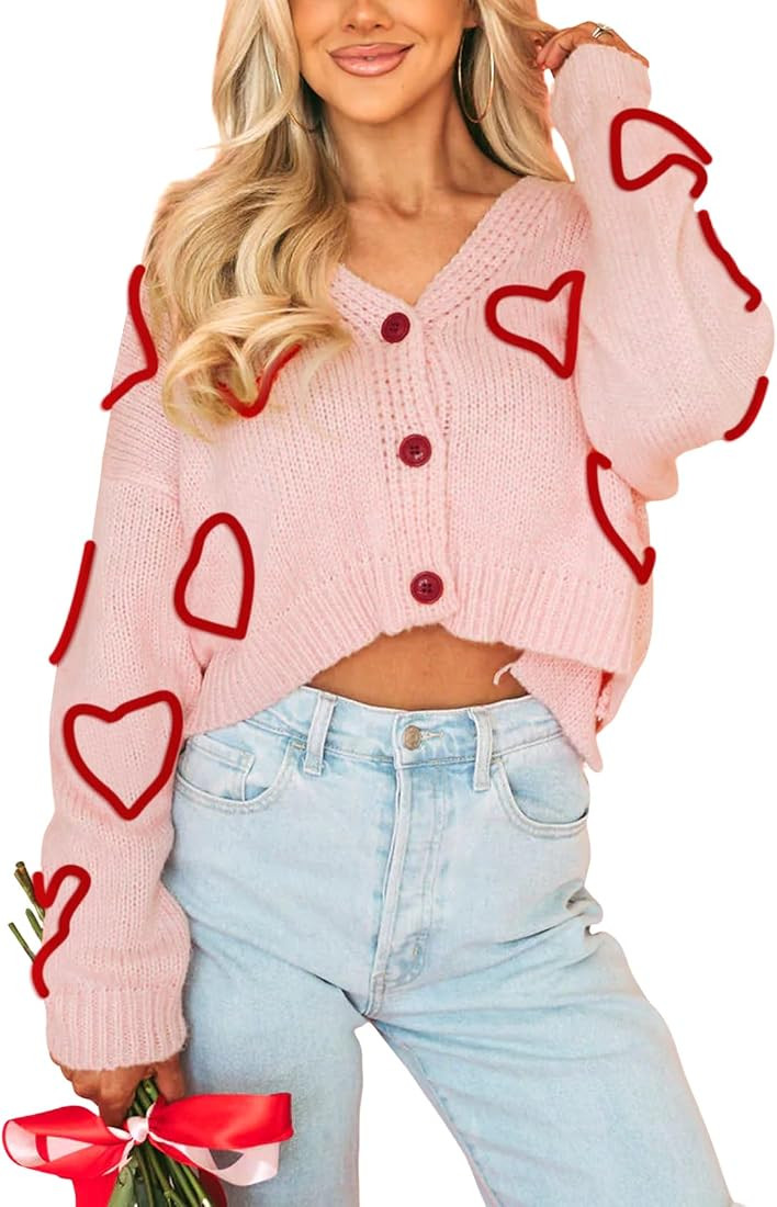 Wyeysyt Valentine Heart Sweater Cardigan for Women Cropped Knit Sweater Cute Button Down V Neck C... | Amazon (US)