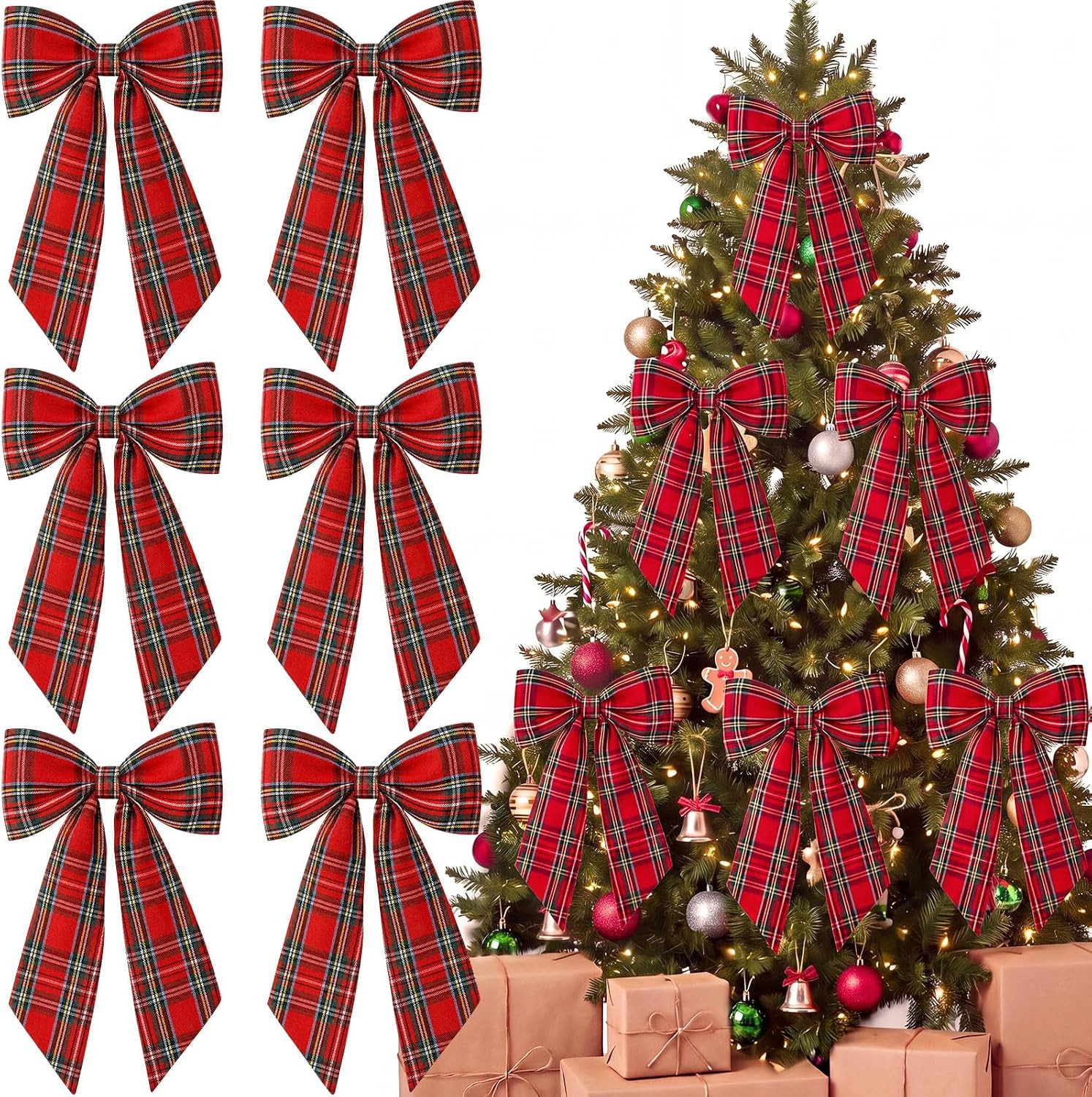 6 Pcs Red Bows Christmas Tree Tartan Plaid Ornaments Decor, 10 x 15 Inch | Amazon (US)