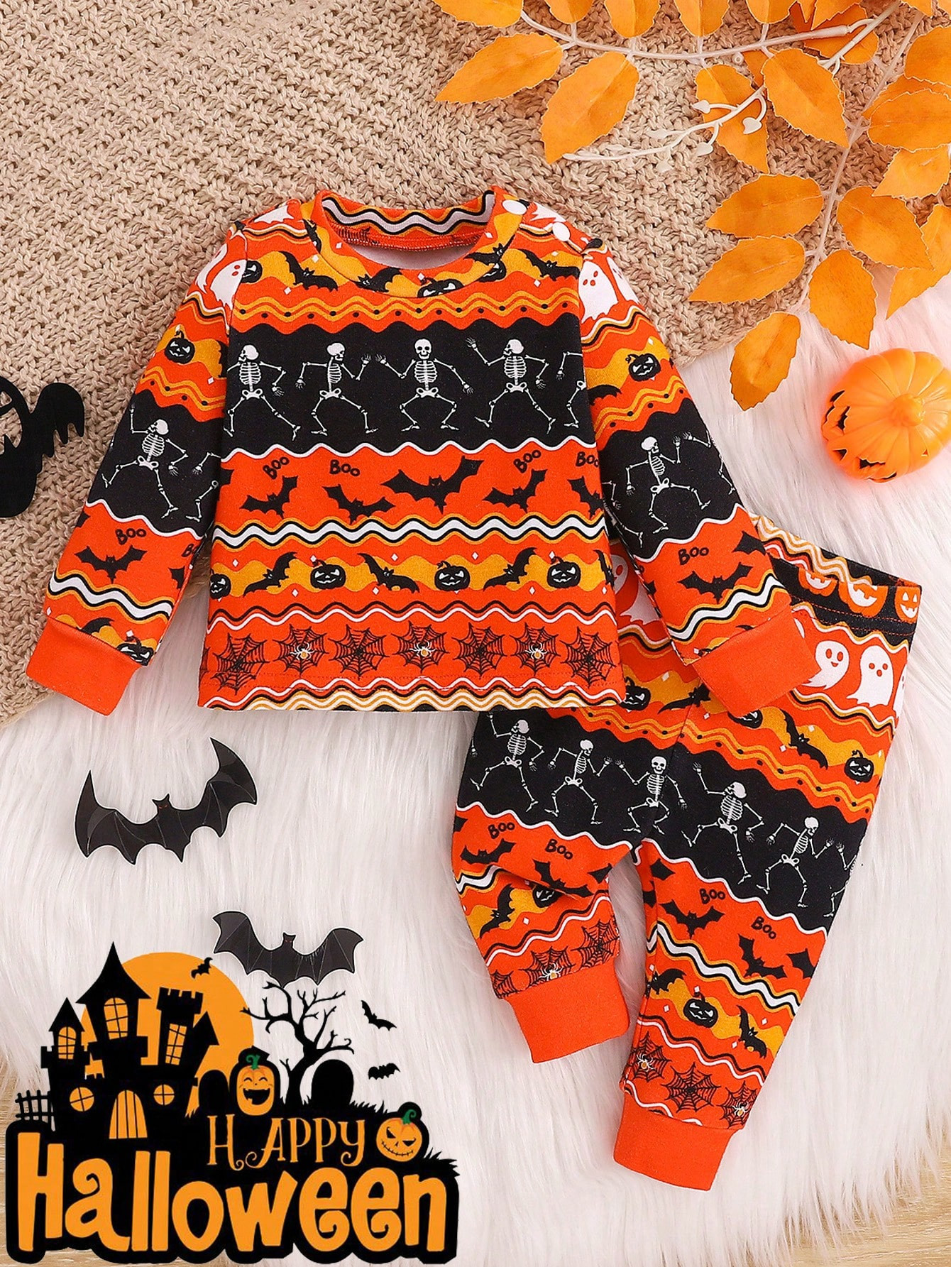 SHEIN 2pcs Newborn Baby Boy Halloween Cartoon Pattern Knitted Soft Skin Long Sleeve Pajama Set | SHEIN