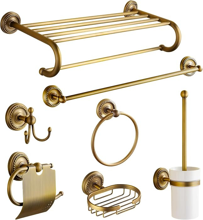 7 Piece Antique Brass Gold Bathroom Accessories Set - TooCust Brushed Brass 24” Double Towel Ho... | Amazon (US)