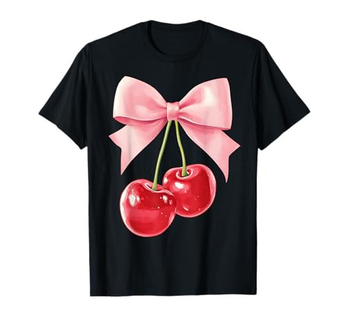 Cute Pink Coquette Bow Cherry Retro Women Teens Kids Girls T-Shirt | Amazon (US)