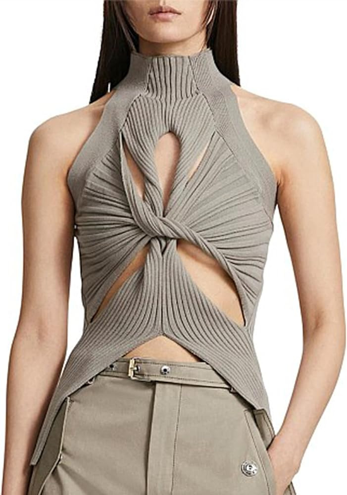 SAFRISIOR Women Sexy Hollow Out Twist Front Knitted Tank Tops Sleeveless High Neck Cut Out Sweater V | Amazon (US)