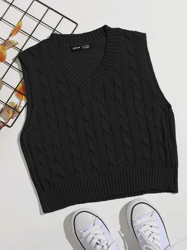 V Neck Cable Knit Sweater Vest | SHEIN