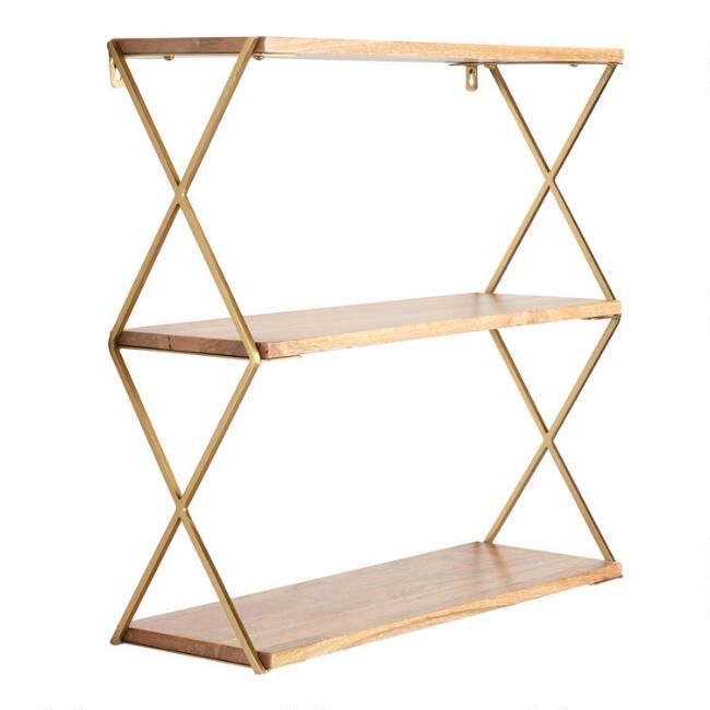 Natural Wood and Gold 3 Tier Wall Shelf | World Market