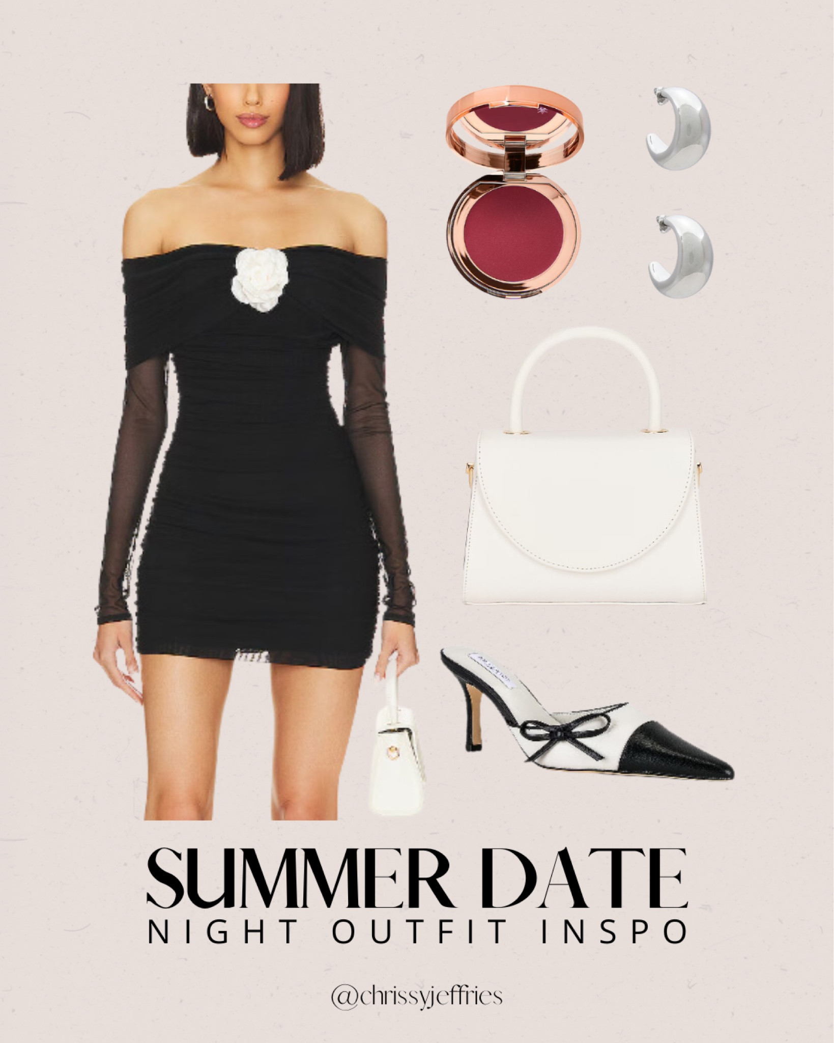 Elevate your summer date night with this glamorous outfit! The off-the-shoulder black mini dress, adorned with a white floral detail, exudes timeless elegance. Pair it with chic black and white bow mules, a sophisticated white handbag, and silver crescent earrings to complete the look. Add a touch of color with a classic red blush for that perfect glow. This outfit is perfect for an upscale dinner or a special evening event. 

#DateNightLook #SummerStyle #GlamFashion #FashionInspo #TimelessElegance

#LTKsummer #LTKpartywear