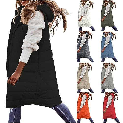 QXQYGRZ Womens Long Puffer Vest Sleveless Hoodies Jacket Full Zipper Quilted Vest Long Down Coats Thickened Warm Windbreakers | Amazon (US)