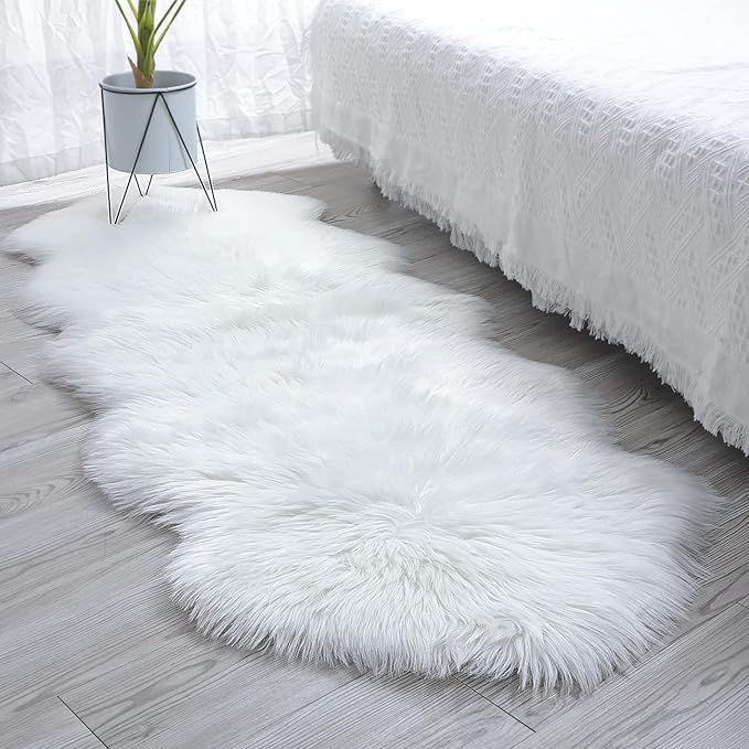 QHWLKJ Faux Sheepskin Fur Rug,White Soft Fluffy Shaggy Area Rug Ultra Soft 2 x 5.3 Feet Sheepskin... | Amazon (US)