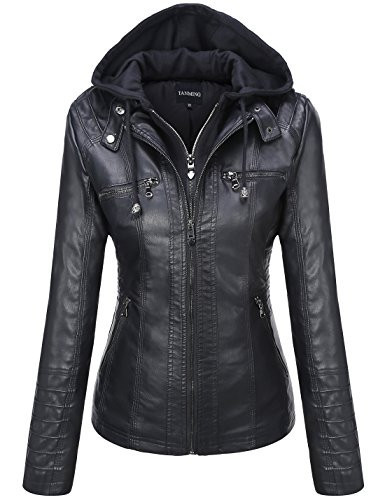 Tanming Women's Womens Hooded Faux leather Jackets (Large, Black) | Amazon (US)