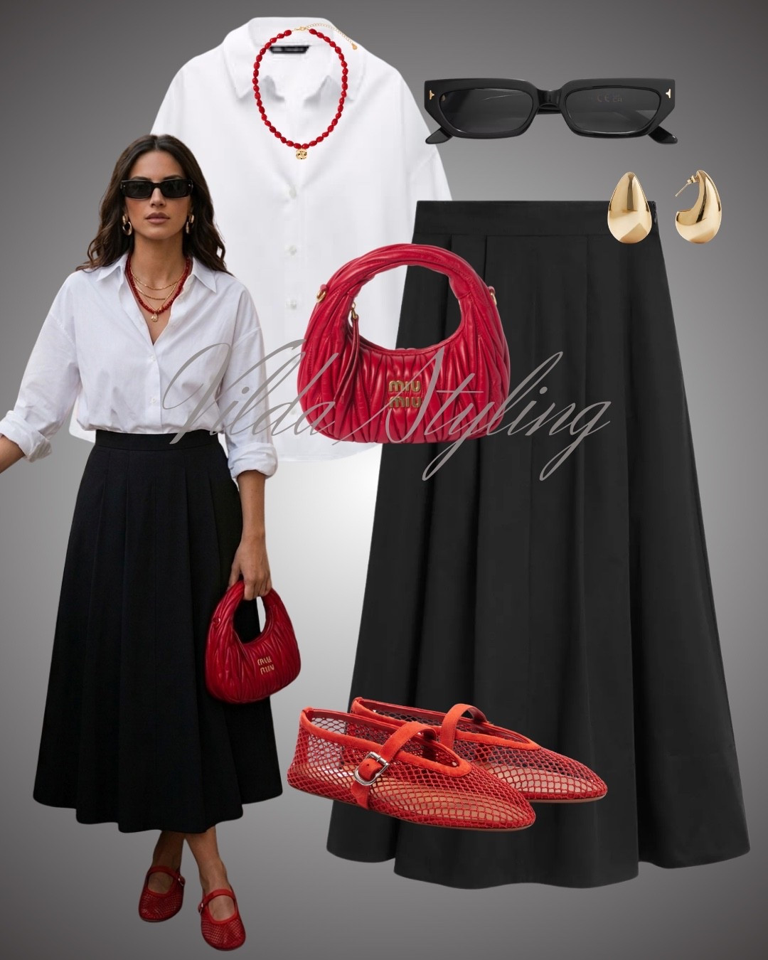 Elevate Your Classics with a Pop of Red 🍒A crisp white oversized button-down tucked into a high-waisted black midi skirt. This silhouette is effortlessly chic and universally flattering. 
#skirt #shirt #flats

#LTKspring #LTKsummer #LTKuk