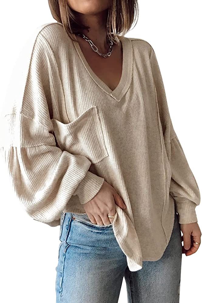 BTFBM Women's Casual V Neck Ribbed Knitted Shirts Pullover Tunic Tops Loose Balloon Sleeve Solid Col | Amazon (US)