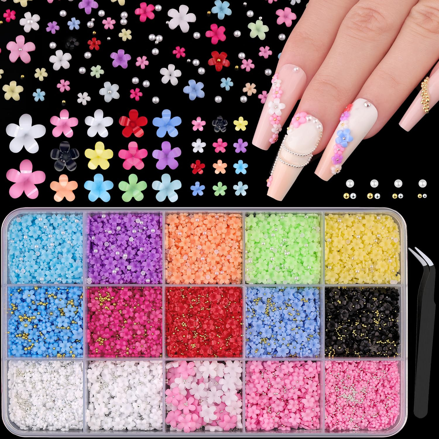 3D Flower Nail Charms with Tweezers for Nail Art, Colorful Acrylic Flower Nail Charms with Caviar... | Amazon (US)